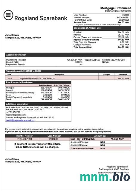 Norwegia Rogaland Sparebank wyciąg z kredytu hipotecznego szablon Word i PDF